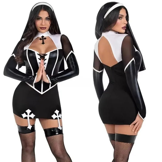Costume Nonne Sexy Femme - Simili Cuir Noir