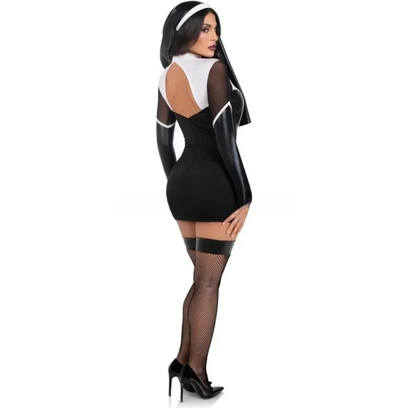 Costume Nonne Sexy Femme - Simili Cuir Noir