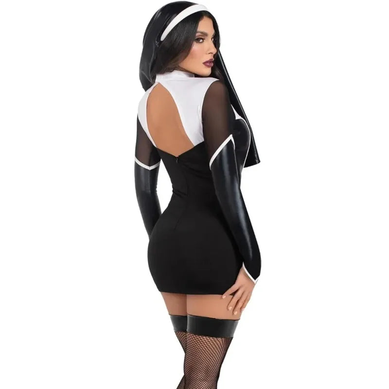 Costume Nonne Sexy Femme - Simili Cuir Noir