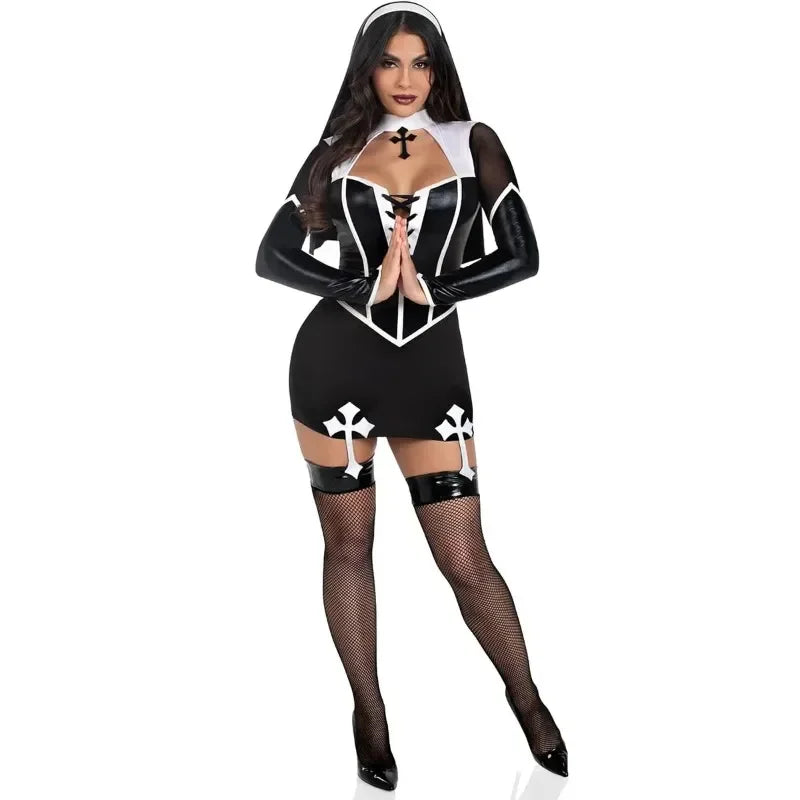 Costume Nonne Sexy Femme - Simili Cuir Noir