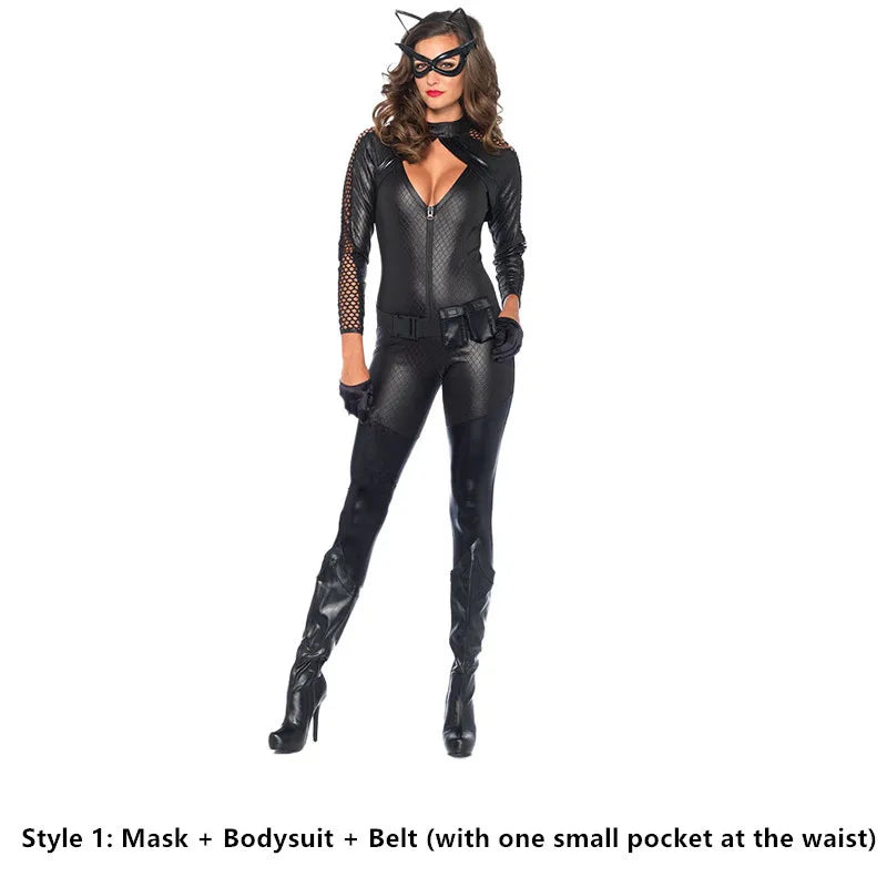 Costume Catwoman Femme - Combinaison Cuir avec Fouet