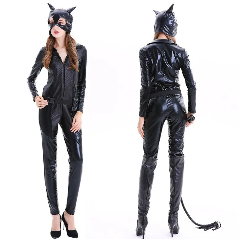 Costume Catwoman Femme - Combinaison Cuir avec Fouet