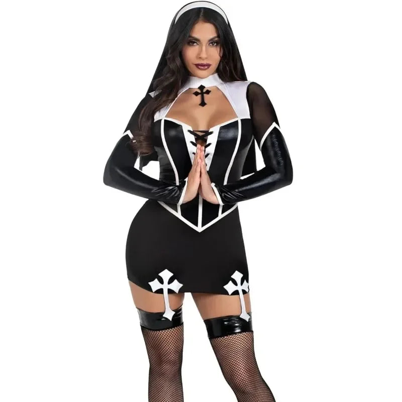 Costume Nonne Sexy Femme - Simili Cuir Noir