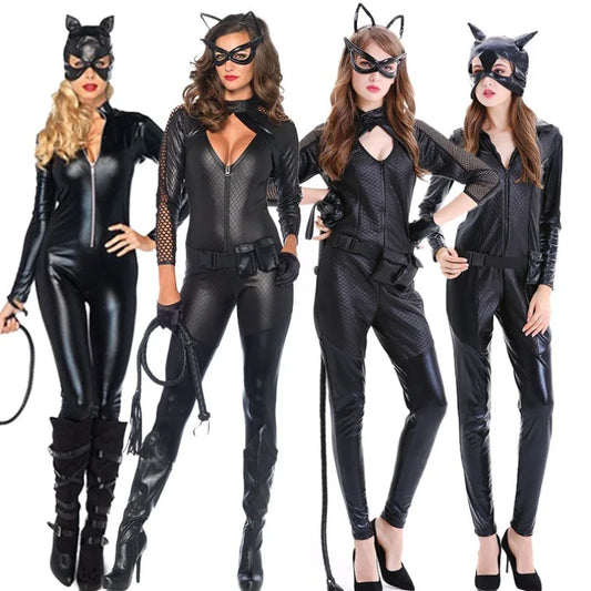Costume Catwoman Femme - Combinaison Cuir avec Fouet